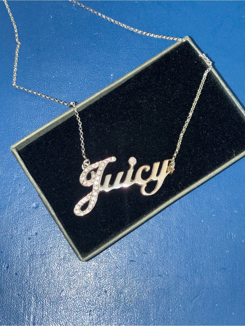 Juicy Couture Silver Script Pendant Necklace with Rhinestone Accents
